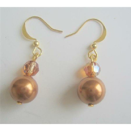ERC368 Copper Pearls & Swarovski Copper Crystals 22k Gold Plated Earrings