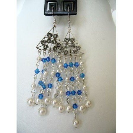ERC118Genuine White Pearls w/Genuine Swarovski Sapphire Crystals w/Sterling Silver Earrings