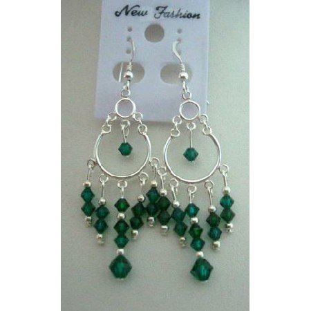 ERC042 Cascade Drop Genuine Crystals Chandelier Earrings w/ Emerald Crystals