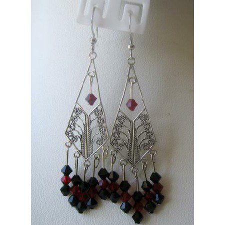 ERC139 Jet & Garnet Genuine Crystals Chandelier In Sterling Silver 92.5 w/ Swarovski Crystals