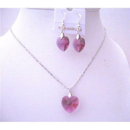 NSC511 Fuchia AB Crystals Heart Pendant 18mm w/ 14mm Earrings Sterling Silver Earrings