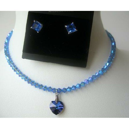 NSC315 COLOR Sapphire BICONE Swarovski Crystals w/Heart Cute Pendants Necklace