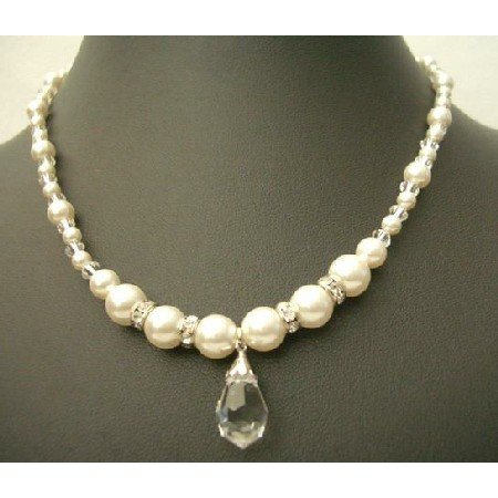 NSC374 Swarovski Clear Crystals w/ Cream Peal & Silver Rondells Teardrop Necklace