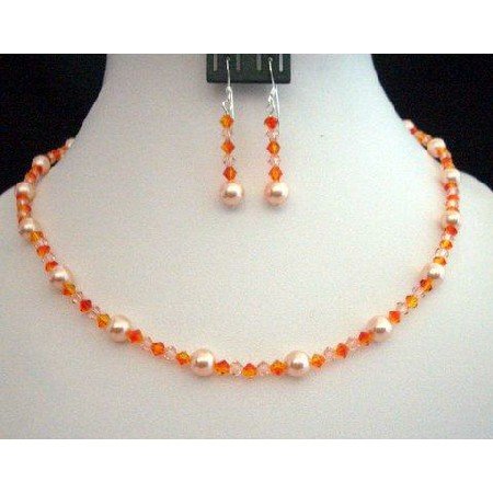 NSC214 Genuine Swarovski Crystals & Pearls In Peach & Fire Opal Crystals Necklace Set Handcrafted