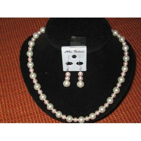 NSC003 Genuine White & Rosaline Pearls Necklace & Earrings Handcrafted Custom Jewelry