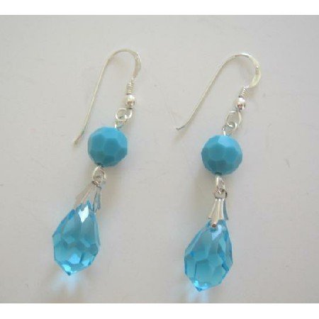 ERC213 Swarovski Crystals Tear Drop Sterling Silver Earrings w/ Turquiose Bead Earrings