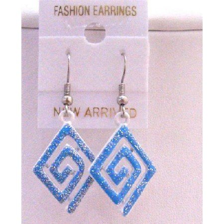 UER158 Blue Glitter Multi Diamond Shaped Blue Enamel Earrings