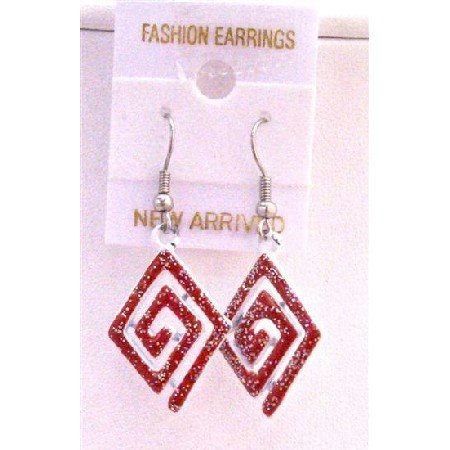 UER159 Red Diamond Shaped Earrings Red Glitter Earrings