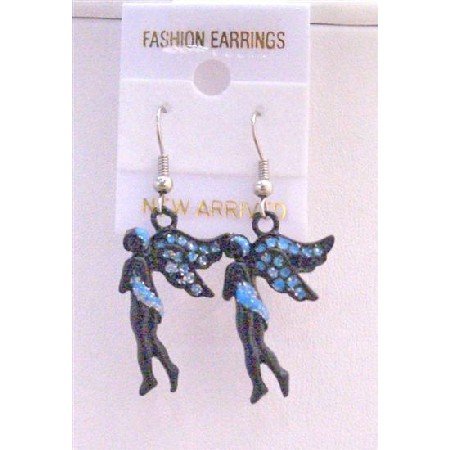 UER160 Angel Fairy Earrings Black w/ Blue Cubic Zircon Glitter Earrings