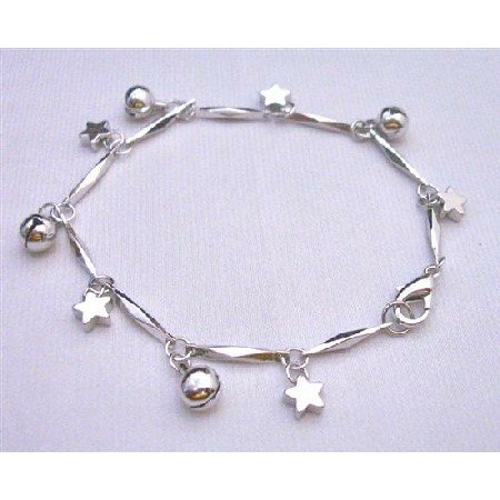 U101Dangling Jingle Ball Star Charm Bracelet High Quality Rhodium Chain w/Dangling 7Inches