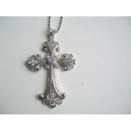 HH187 Crystals & Cubic Zircon Long Shimmering Cross Pendant Necklace