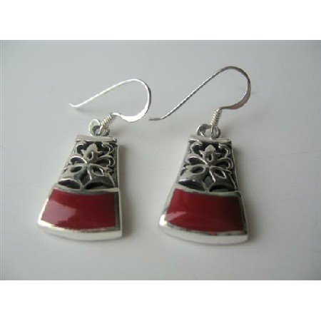 SER035 Ethnic Sterling Silver Coral Inlaid Sterling Silver Earrings