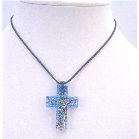 N767 Glass Cross Pendant Blue Murano Glass Cross With Multicolor Spread On The Pendant Necklace