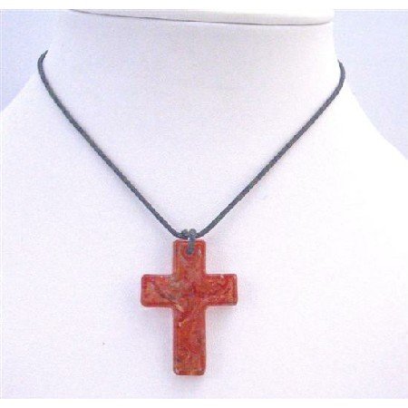 N765 Red Cross Pendant Murano Glass Cross Pendant Necklace Black Chord Necklace