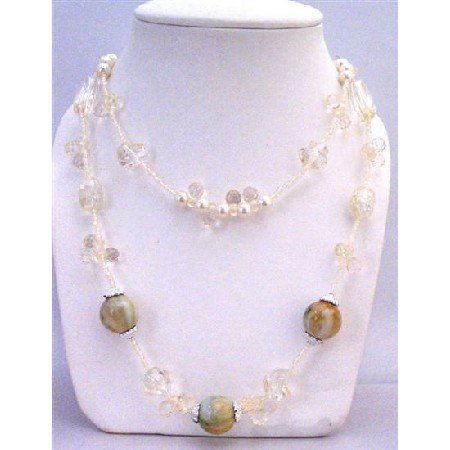 N749 Ivory Tiny Beads Long Necklace Absolutely Stunning Affordable With Round & Multi Shaped