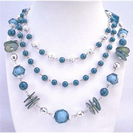 N752 Long 3 Stranded Necklace In Indigo Color w/Disco Balls Acrylic Glass Beads Bali Spacer