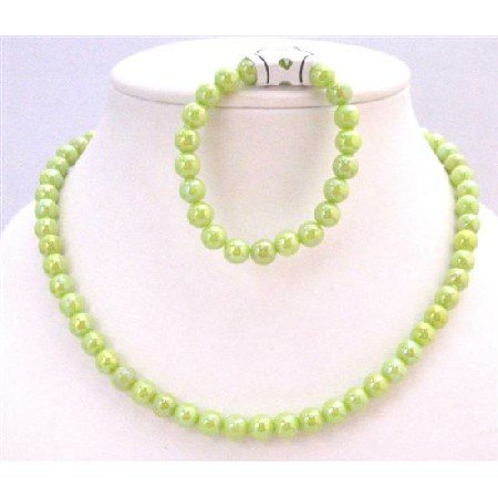 GC142 Light Green Parrot Green Girls Jewelry Round Beads 10mm Very Beautiful Necklace Bracelet Set