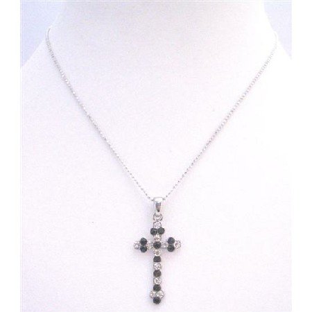 UNE163 Delicate Sleek Black Cross Pendant With Black Beads & Embedded w/ Diamante