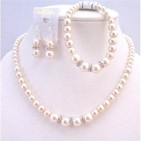 NS656 Bridal Wedding Ivory Pearls Jewelry Set W/ Silver Diamante Necklace Bracelet Set