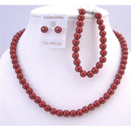 NS653 Red Pearls Complete Set Necklace Earrings Bracelet Beautiful Red Pearls Wedding Gift
