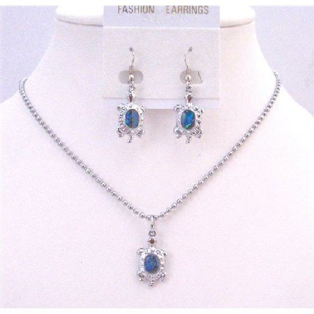 NS626 Cute Turtle Pendant & Earrings Dangling Necklace Set Mother Of Shell Abalone Coated