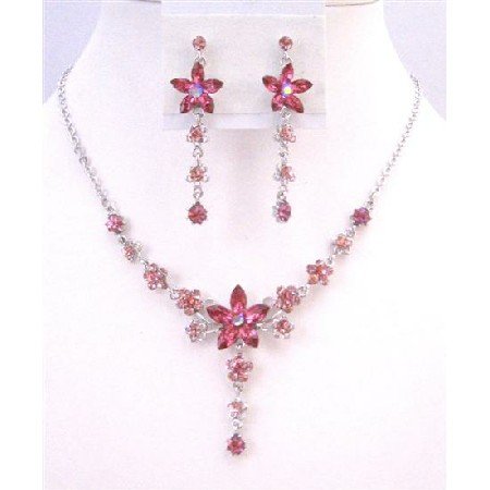 NS465 Fashion Crystals Jewelry Pink Crystals Dangling Necklace Earrings Set