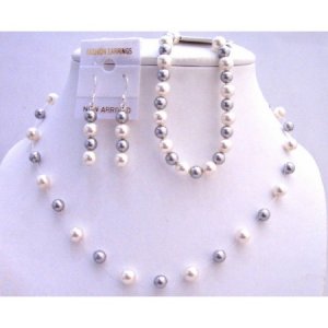 BRD812 Silver Grey Pearls & White Pearls Necklace Earrings w/ Bracelet Necklace Set