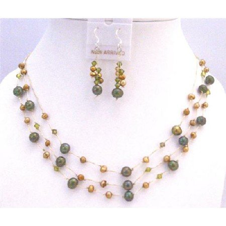 BRD877 Golden Dark Green Freshwater Pearls w/ Swarovski Khakhi Crystals Jewelry Set