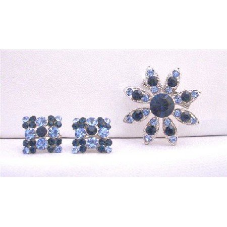 B305 Montana Crystals Brooch w/ Earrings Fashionable Affordable Round Brooch New Combo