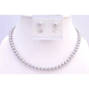 BRD933 Lite Grey Pearls Necklace Set w/Stud Pearls Earrings 6mm Pearls Jewelry Swarovski Pearls Set