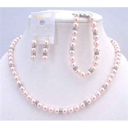 BRD934 Swarovski Rose Pearls Jewelry Set Gift Prom Flower Traditional Sleek Pink Pearls w/Bracelet