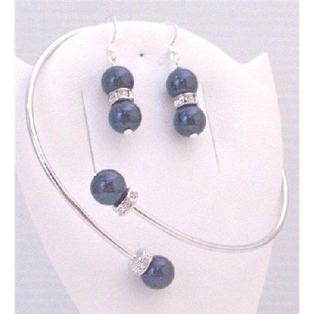TB891 Cuff Bracelet Jewelry w/Sterling Silver Earrings Dark Blue Pearls w/Silver Rondells Spacer