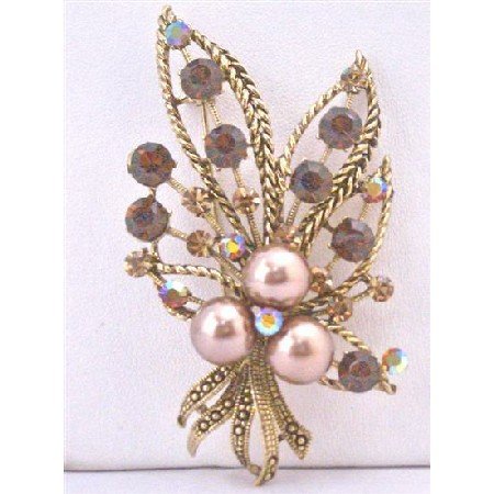 B372 Smoked Topaz Crystals Swarovski Bronze Pearls Antique Gold Casting Bouquet Brooch