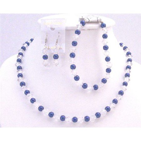 NS701 Blue Pearls Clear Crystals Complete Set Wedding Chinese Clear Crystals Under $10 Jewelry
