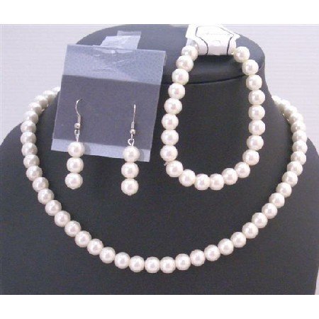 NS712 Wedding Pearls Jewelry Set Ivory Pearls Complete Set w/Bracelet Prom Bridal Bridemaids Set