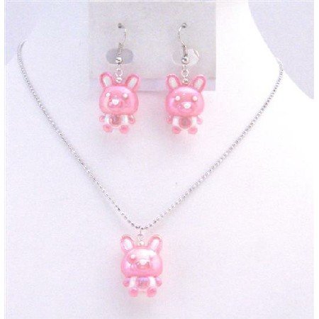 NS708 Jewelry Pink Rabbit Easter Jewelry Set Necklace & Earrings Cute Gift For Girls Jewelry
