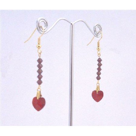 ERC592 Siam Red Crystals Heart Dangling Earrings 22k Gold Plated Earrings
