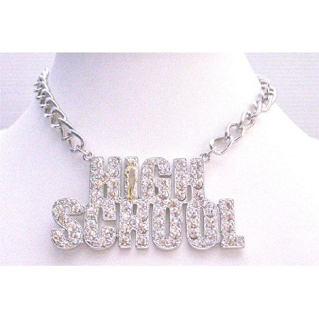 HH242 High School Pendant Necklace Hiphop Necklace Fully Sparkling Diamante Pendant
