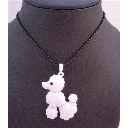 HH230 White Poodle Pendant w/Crystals On Neck Tail & Legs 27 Inches Black Long Necklace