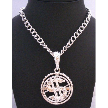 HH175 Spinning Dollar Pendant Men Jewelry Bling Bling Pendant w/ Cubic Zircon 28 Inches Necklace