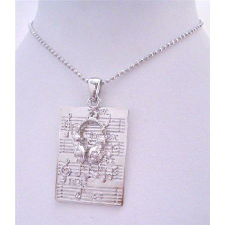 HH012 Musical Note Pendant Rectangular Silver Pendant w/Head Phone & Decorated w/ CZ
