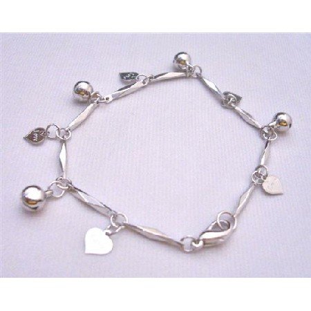 U103 Charm Bracelet 7 Inches High Quality Rhodium Chain Hanging Charms Heart w/ Love Engraved