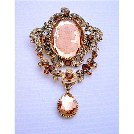 B158 Victorian Cameo Lady Brooch Antique Gold Copper Brooch w/ Smoked Topaz Dangling Brooch
