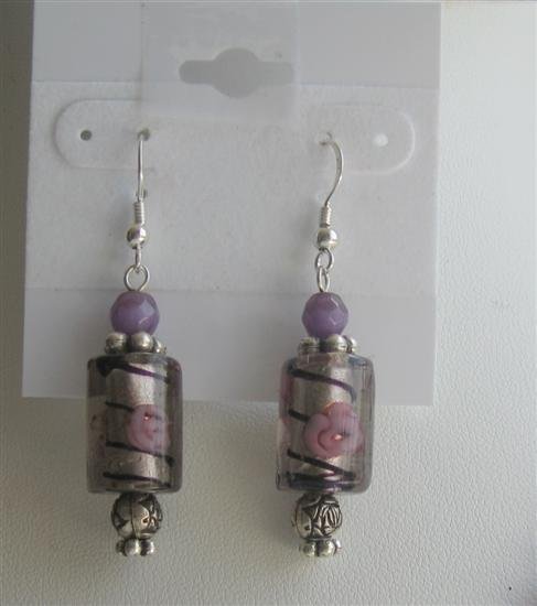 ERC374 Ethnic Millefiori Bead w/ Purple Cat Eye & Cylindrical Millefiori Earrings Sterling Earrings