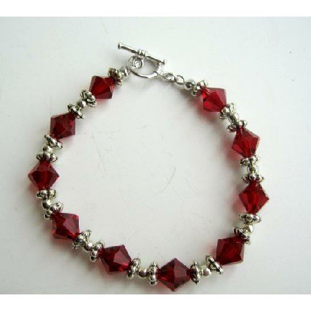 TB294 Sterling Silver Siam Red Swarovski Crystals Bracelet w/ Silver Beads & Daisy Spacer
