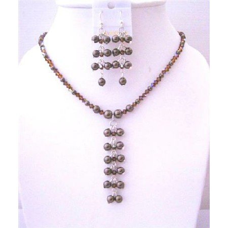 BRD454 Smoked Topaz AB Swarovski Crystals & Brown Pearls Dangling Drop Necklace Earrings Set