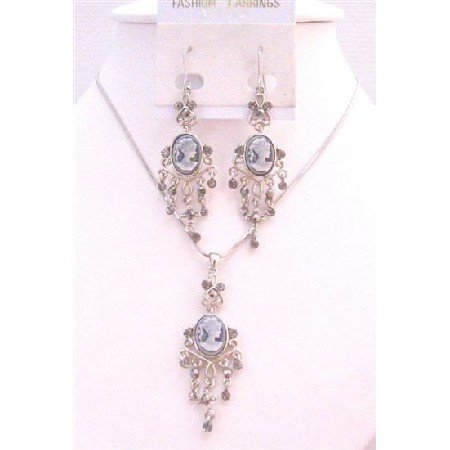 NS713 Cameo Pendant Necklace & Earrings Dangling Earrings Set Grey Cameo Lady Photo Jewelry Set
