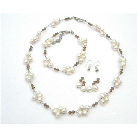 NSC716 Handmade Artisan Smoked Topaz Crystals Freshwater Pearls Necklace Set