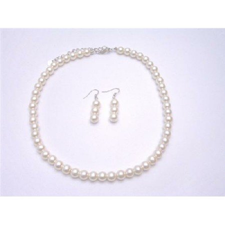 UNS002 Cream Choker Necklace Set 16 Inches Synthetic Pearls Jewelry Necklace Earrings Set