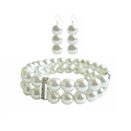 TB940 White Pearls Double Stranded Stretchable Bracelet w/Silver Diamond Spacer & Earrings